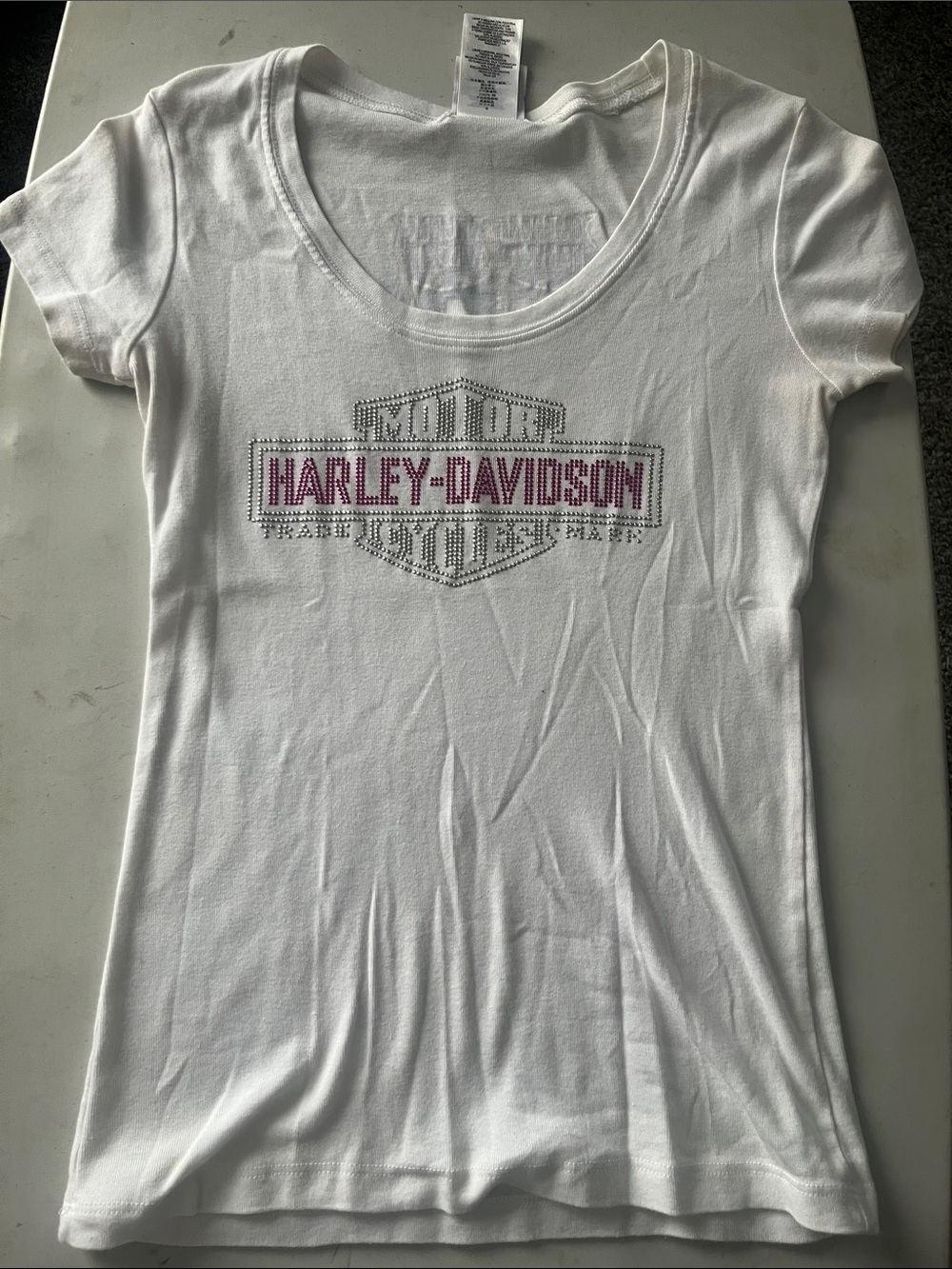 Harley-Davidson White Short Sleeve Scoop Neck Tee with Pink Logo Rhinestones